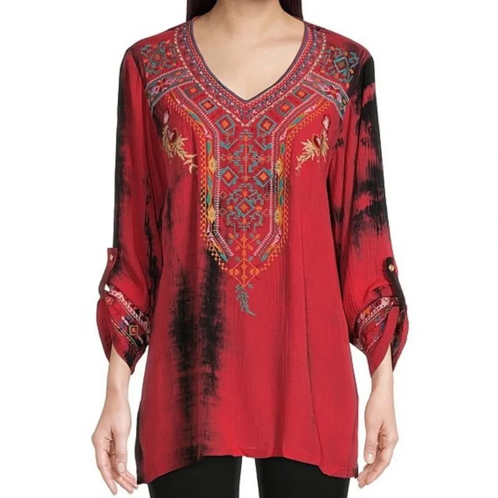 Calessa Tie Dye Print Floral Embroidered 3/4 Sleeve Tunic Top XL